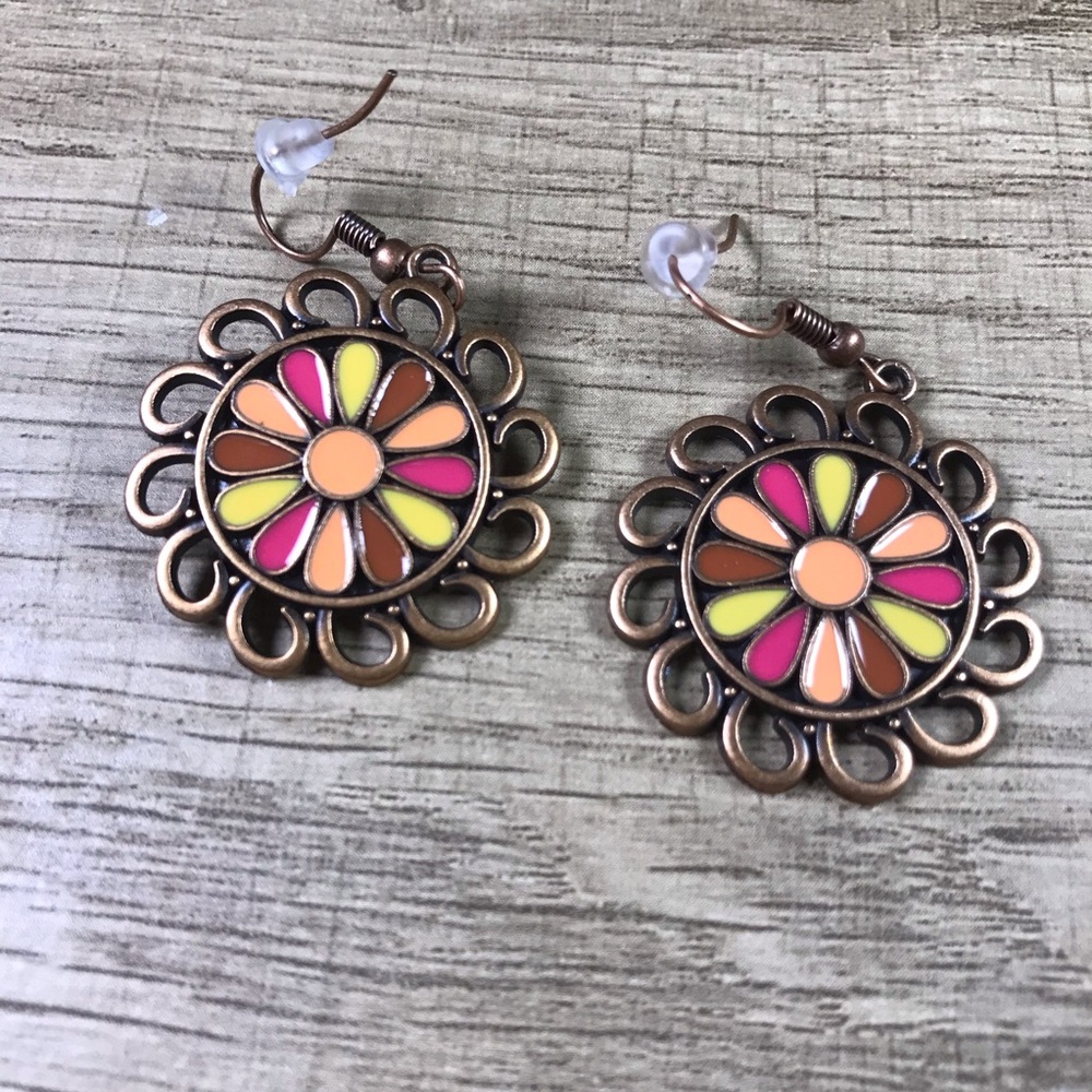Bohemian Yellow Pink Floral Gold Earrings - Picture 1 of 5